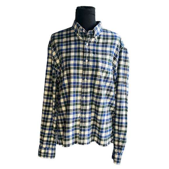 Uniqlo Flannel Raw Hem Button Down Size L Check Blue Black Casual Cotton - Picture 1 of 9